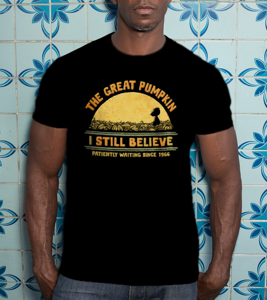 The Great Pumpkin I Still Believe Patiently Waiting Since 1966 Yellow Moon Snoopy Silhouette Distressed T-Shirt