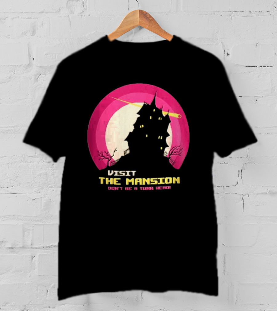 Visit The Mansion Don't Be A Tuna Head Pixel Spooky House Moon Skeleton Trees Yellow Meteor T-Shirt