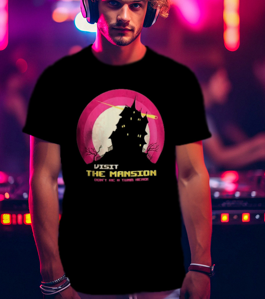 Visit The Mansion Don't Be A Tuna Head Pixel Spooky House Moon Skeleton Trees Yellow Meteor T-Shirt