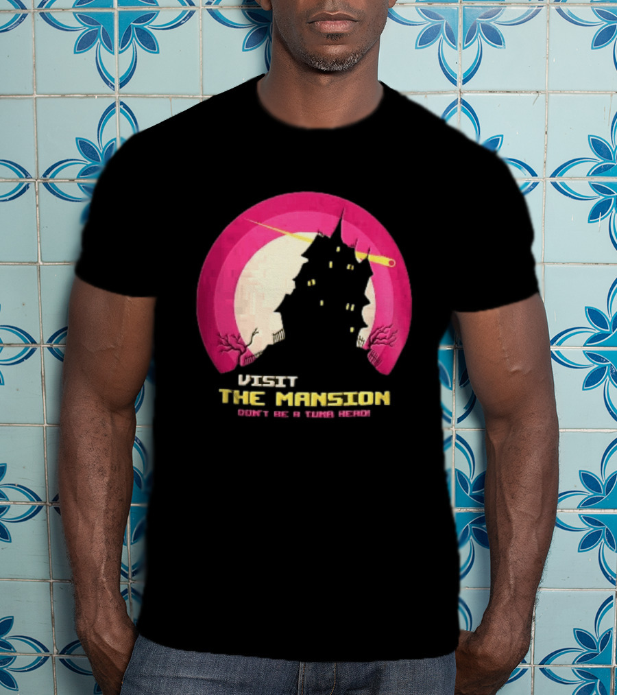 Visit The Mansion Don't Be A Tuna Head Pixel Spooky House Moon Skeleton Trees Yellow Meteor T-Shirt