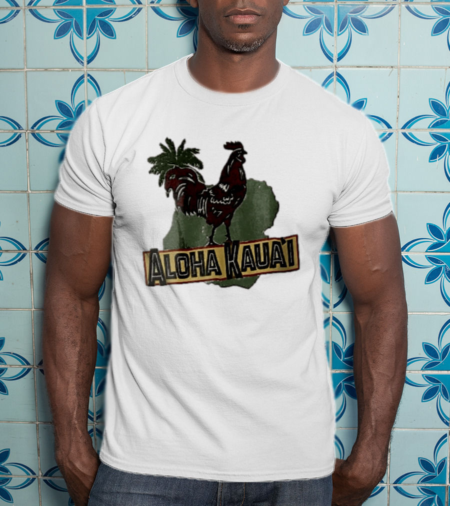 Aloha Kauai Red Rooster Palm Tree Island Map T-Shirt