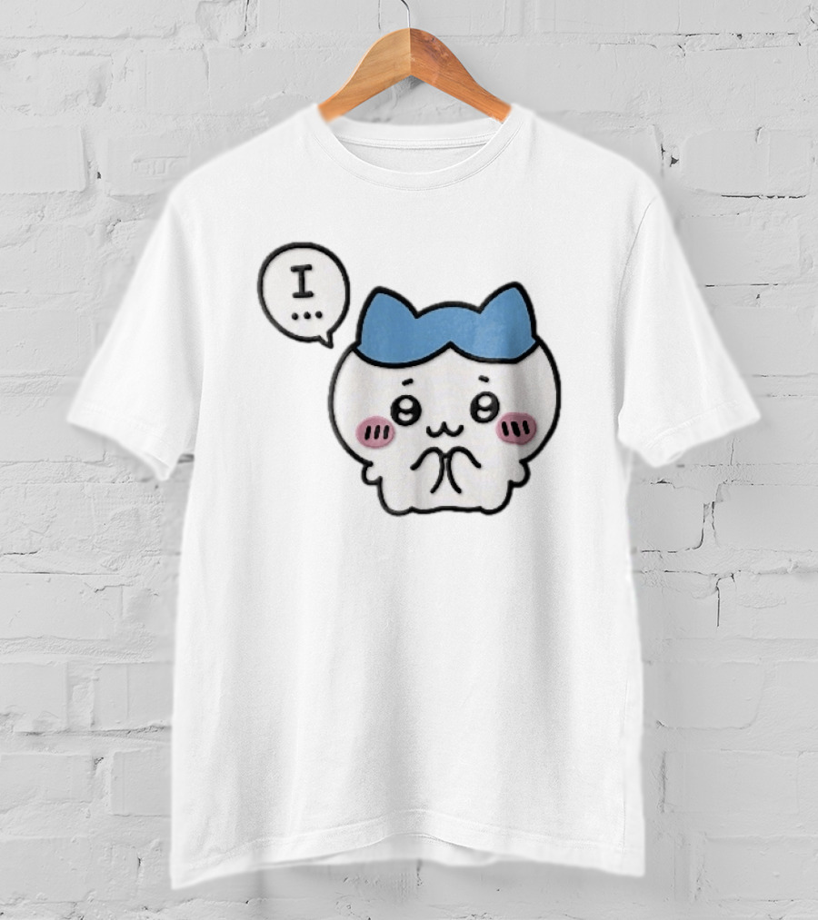 Shy White Cat With Blue Ears Blushing Expression Speech Bubble Text I T-Shirt