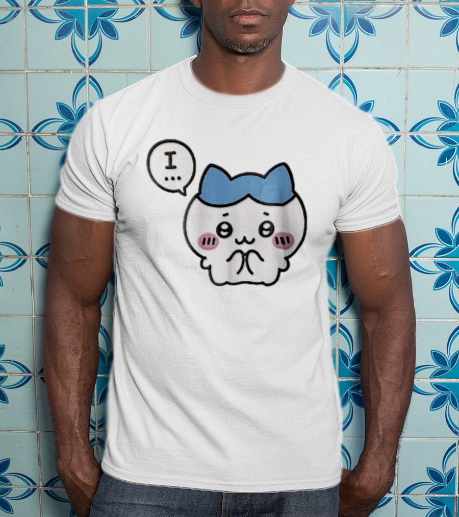 Shy White Cat With Blue Ears Blushing Expression Speech Bubble Text I T-Shirt