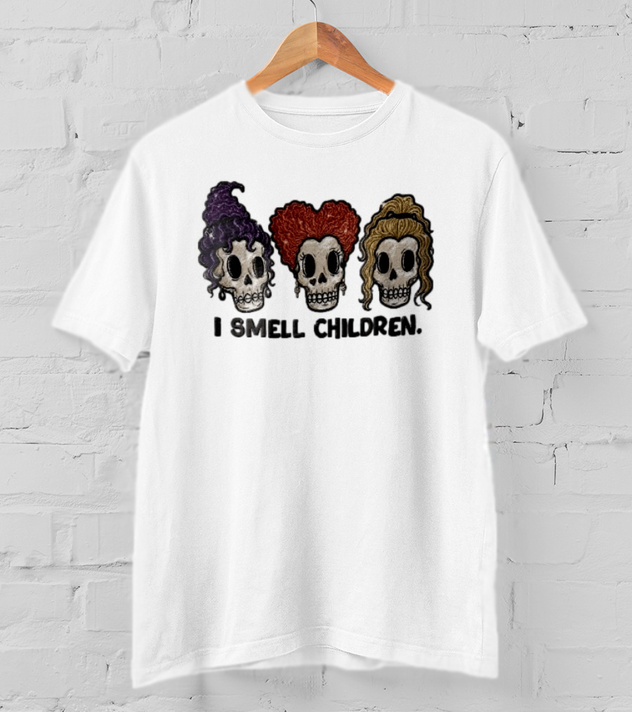 I Smell Children Witch Skulls Sparkle Embroidery Halloween T-Shirt