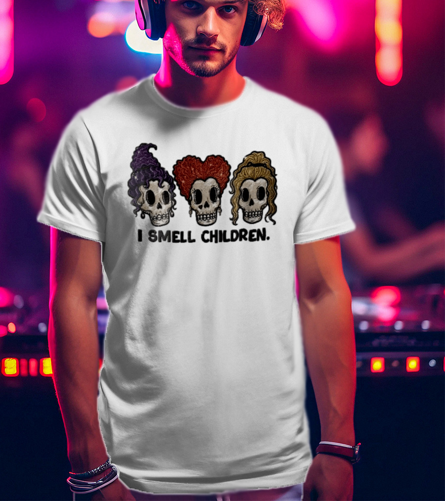 I Smell Children Witch Skulls Sparkle Embroidery Halloween T-Shirt