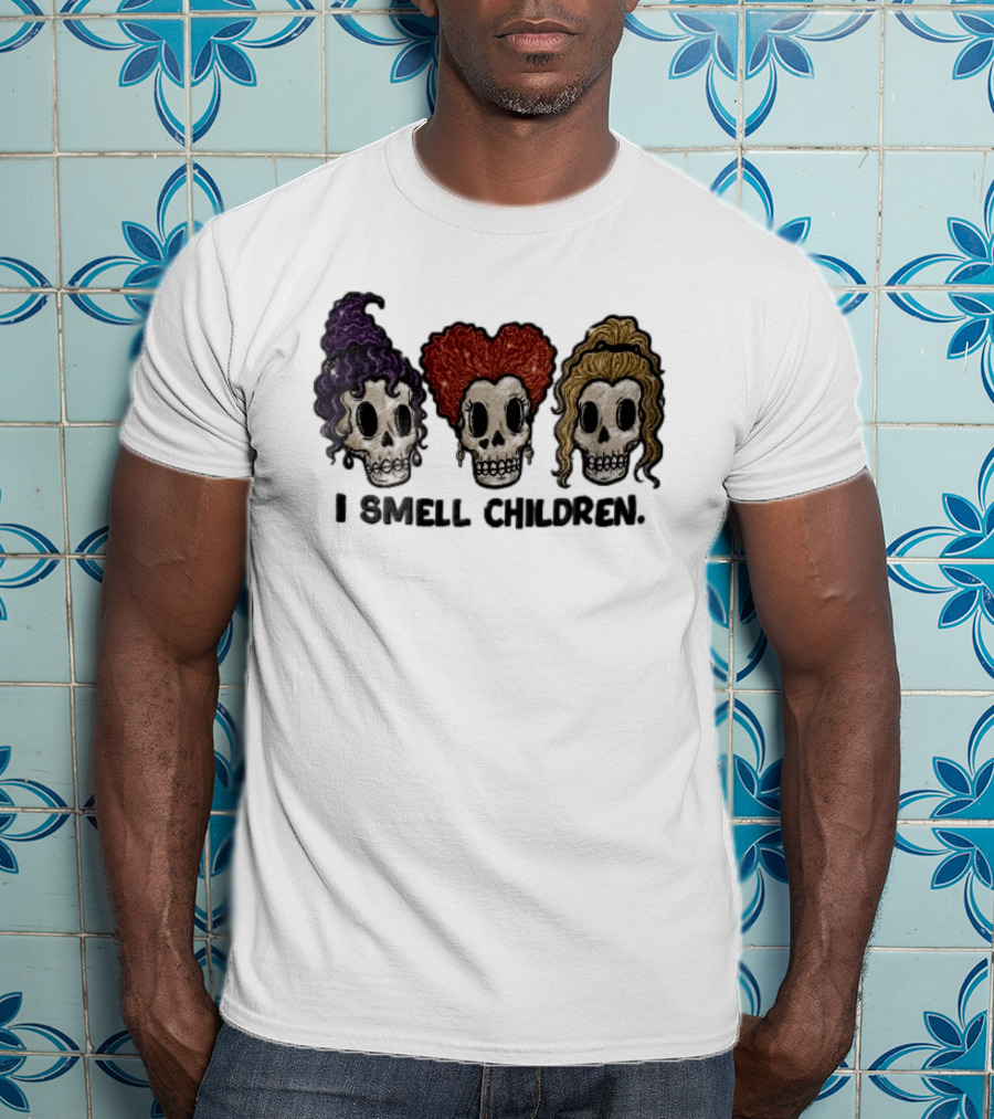 I Smell Children Witch Skulls Sparkle Embroidery Halloween T-Shirt