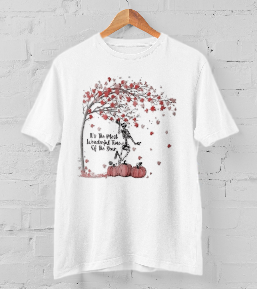 It's The Most Wonderful Time Of Year Dancing Skeleton Autumn Tree Pumpkins T-Shirt
