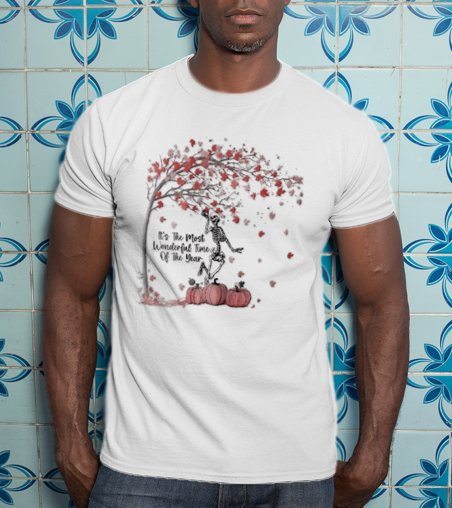 It's The Most Wonderful Time Of Year Dancing Skeleton Autumn Tree Pumpkins T-Shirt