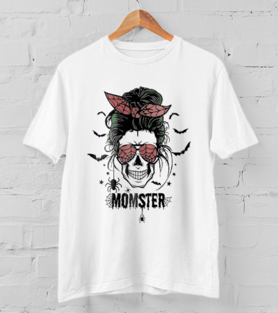 Momster Cartoon Skull Green Messy Bun Spiderweb Glasses T-Shirt