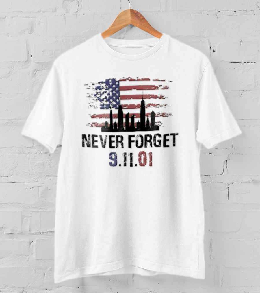 Never Forget 9 11 01 Distressed American Flag NYC Skyline T-Shirt