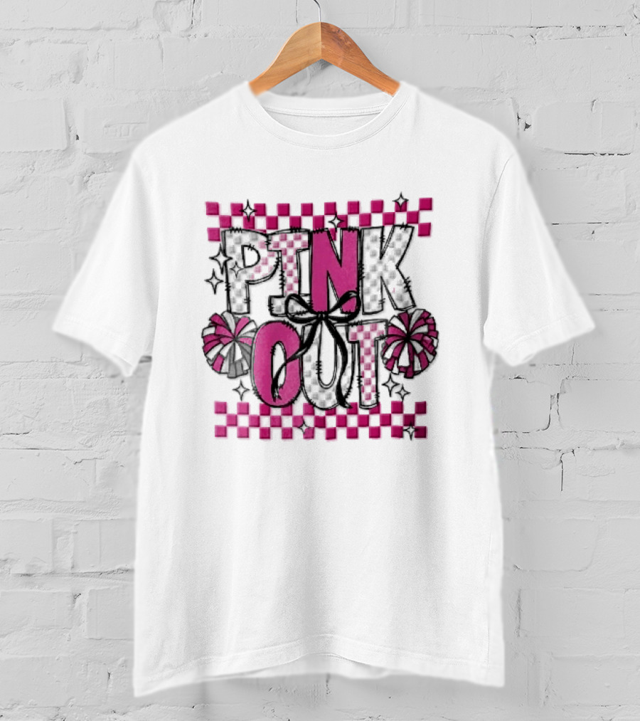Pink Out Checkerboard Cheerleader Pom Poms Black Ribbon Bow Sparkles T-Shirt