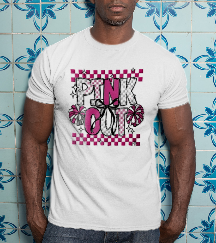 Pink Out Checkerboard Cheerleader Pom Poms Black Ribbon Bow Sparkles T-Shirt