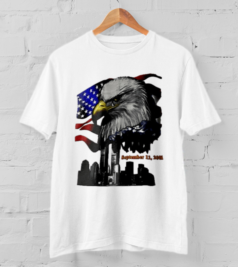 September 11 2001 Twin Towers New York Skyline Crying Bald Eagle American Flag T-Shirt