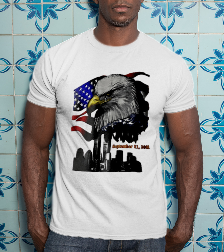 September 11 2001 Twin Towers New York Skyline Crying Bald Eagle American Flag T-Shirt