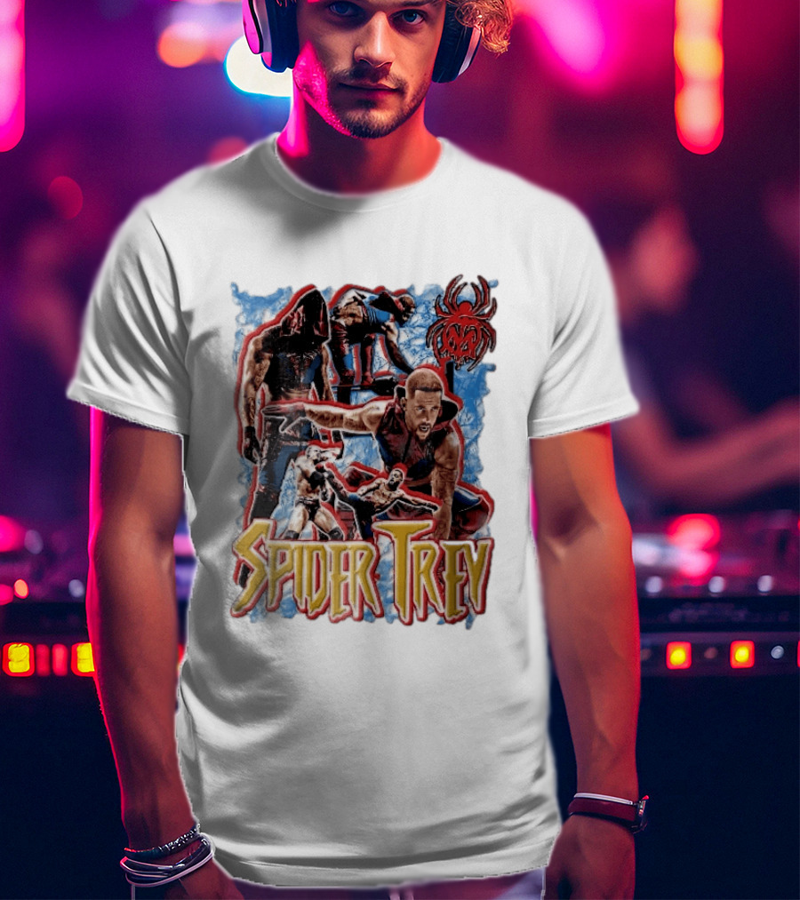 Spider Trey Professional Wrestler Action Collage With Blue Smoke And Red Spider T-Shirt