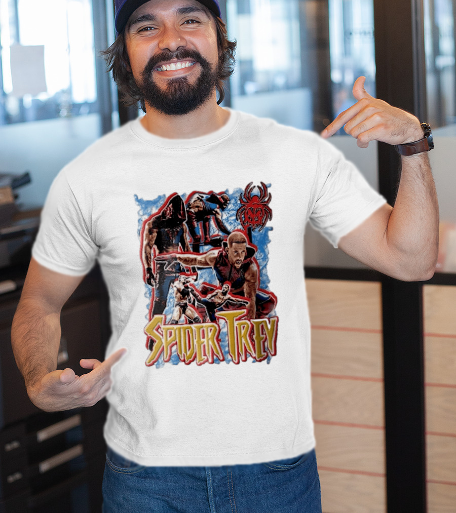 Spider Trey Professional Wrestler Action Collage With Blue Smoke And Red Spider T-Shirt