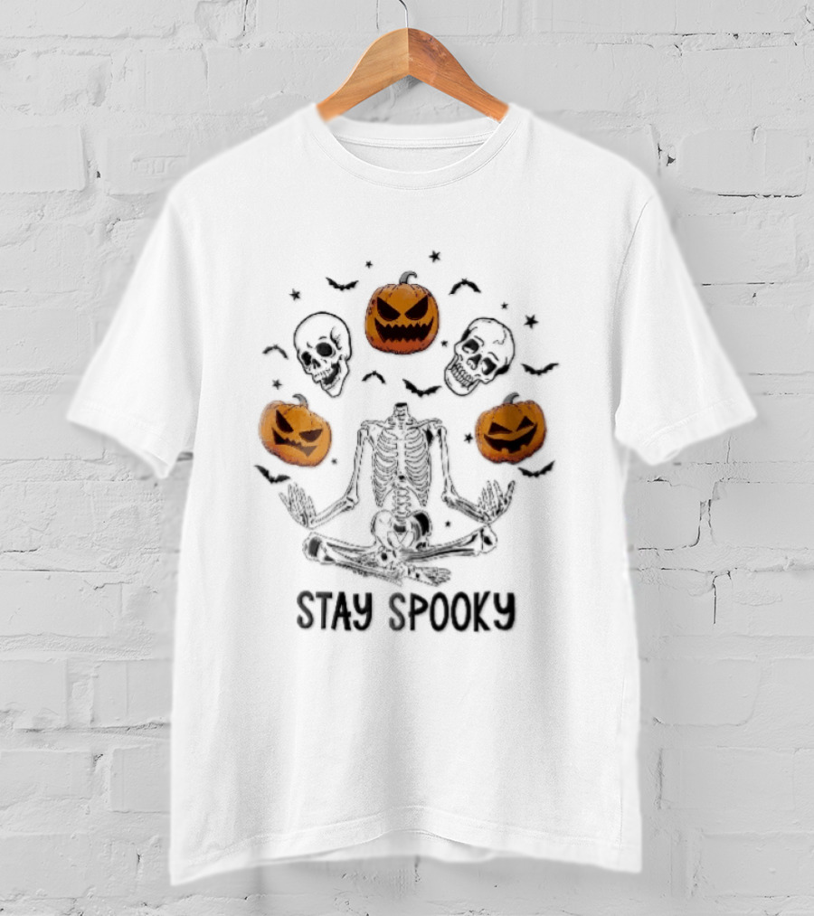 Stay Spooky Headless Skeleton Meditating Floating Skulls Pumpkins Bats Halloween T-Shirt