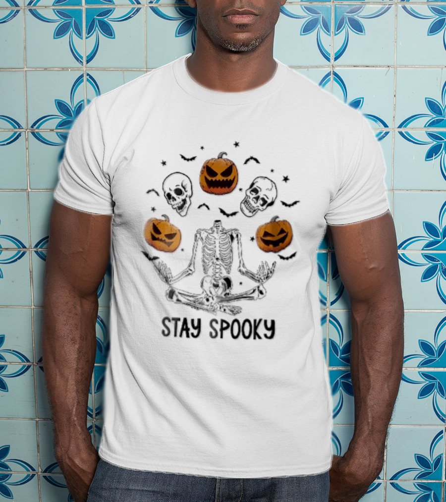 Stay Spooky Headless Skeleton Meditating Floating Skulls Pumpkins Bats Halloween T-Shirt