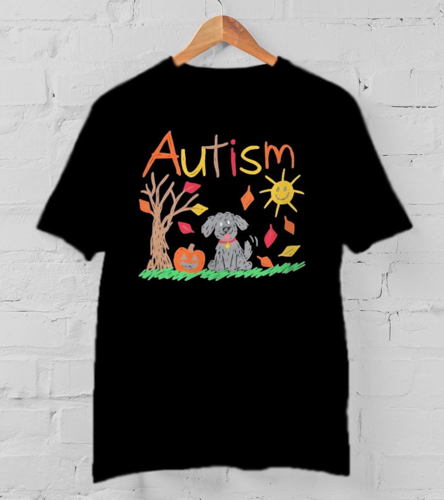 Autism Awareness Fall Puppy Pumpkin Autumn Leaves Sun Drawing T-Shirt