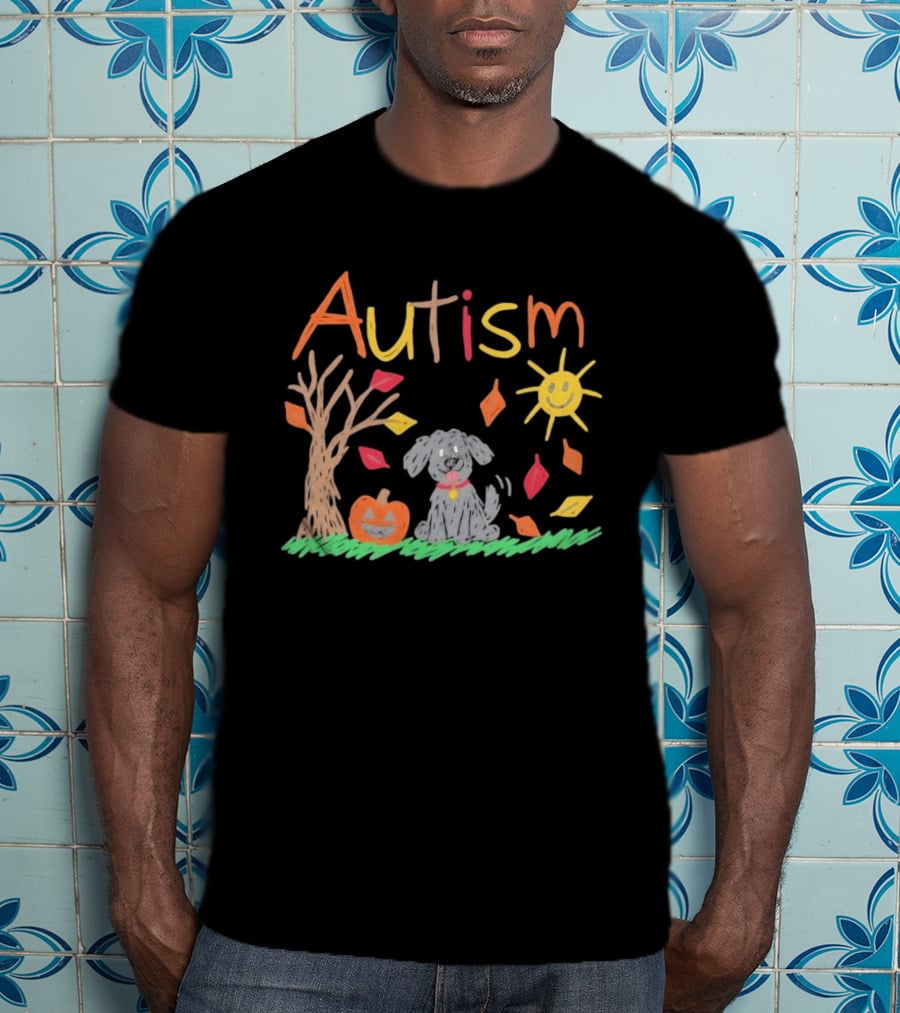 Autism Awareness Fall Puppy Pumpkin Autumn Leaves Sun Drawing T-Shirt