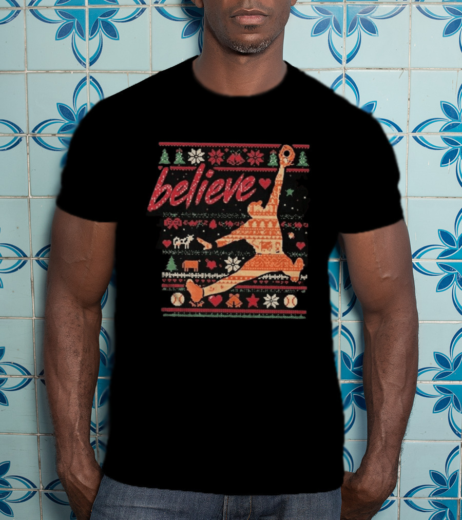 Believe Orioles Air Cowser Ugly Christmas Festive Sweater Baseball Catch T-Shirt