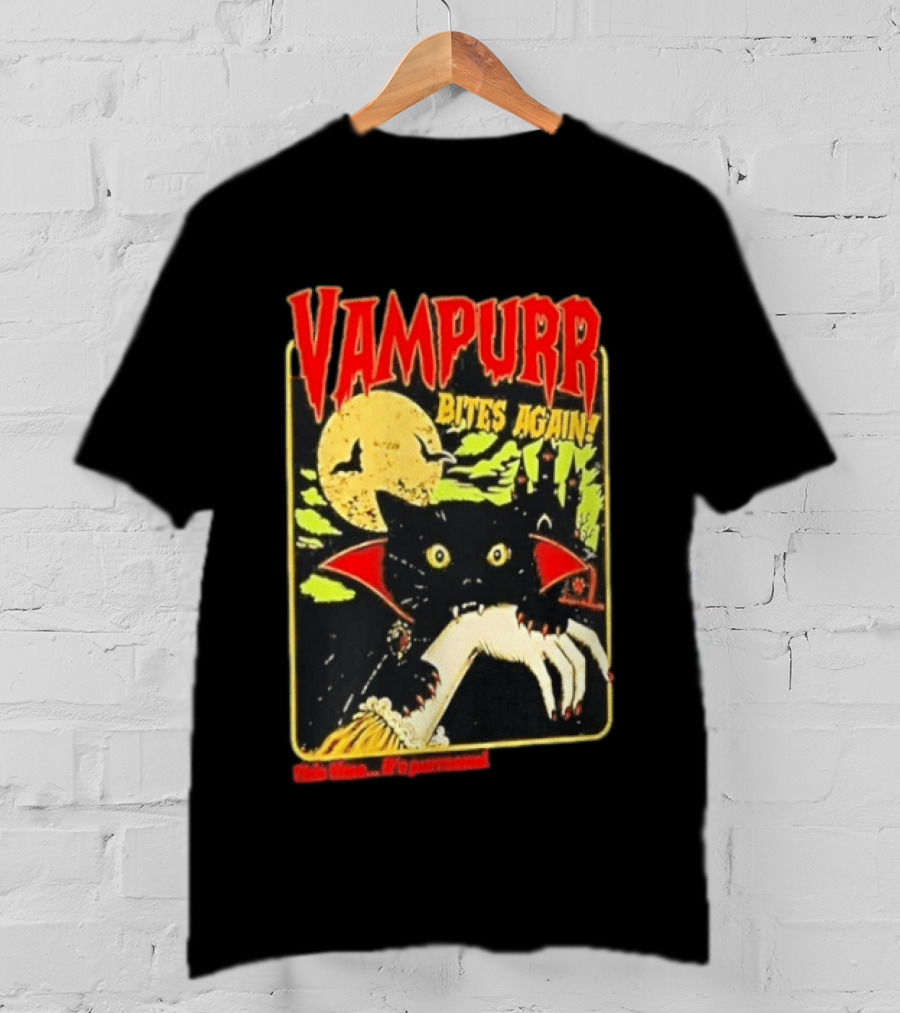 Vampurr Bites Again This Time It's Purrsonal Vintage Horror Cat Moon And Castle T-Shirt