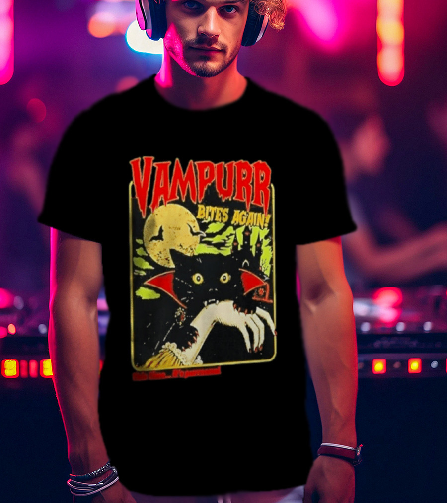 Vampurr Bites Again This Time It's Purrsonal Vintage Horror Cat Moon And Castle T-Shirt