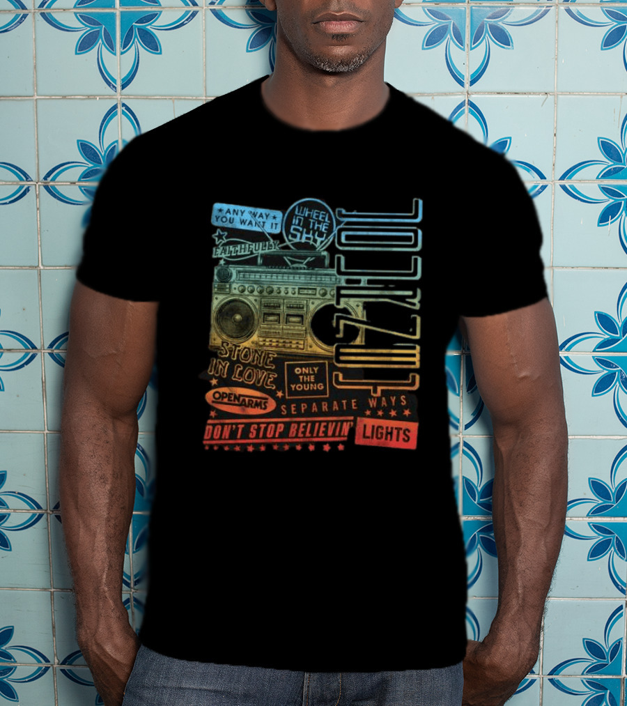 Journey Don't Stop Believin' Wheel In The Sky Stone In Love Open Arms Retro Radio T-Shirt