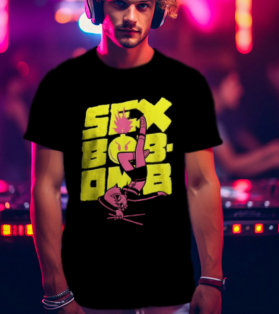 Sex Bob Omb Inverted Pink Cartoon Drummer With Drumsticks Bold Yellow T-Shirt