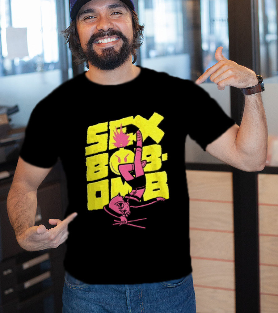 Sex Bob Omb Inverted Pink Cartoon Drummer With Drumsticks Bold Yellow T-Shirt