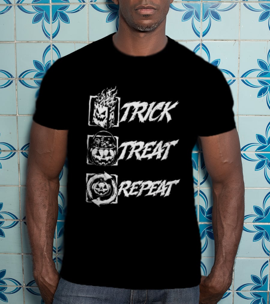 Trick Treat Repeat Flaming Bag Candy Bucket Pumpkin Motif T-Shirt