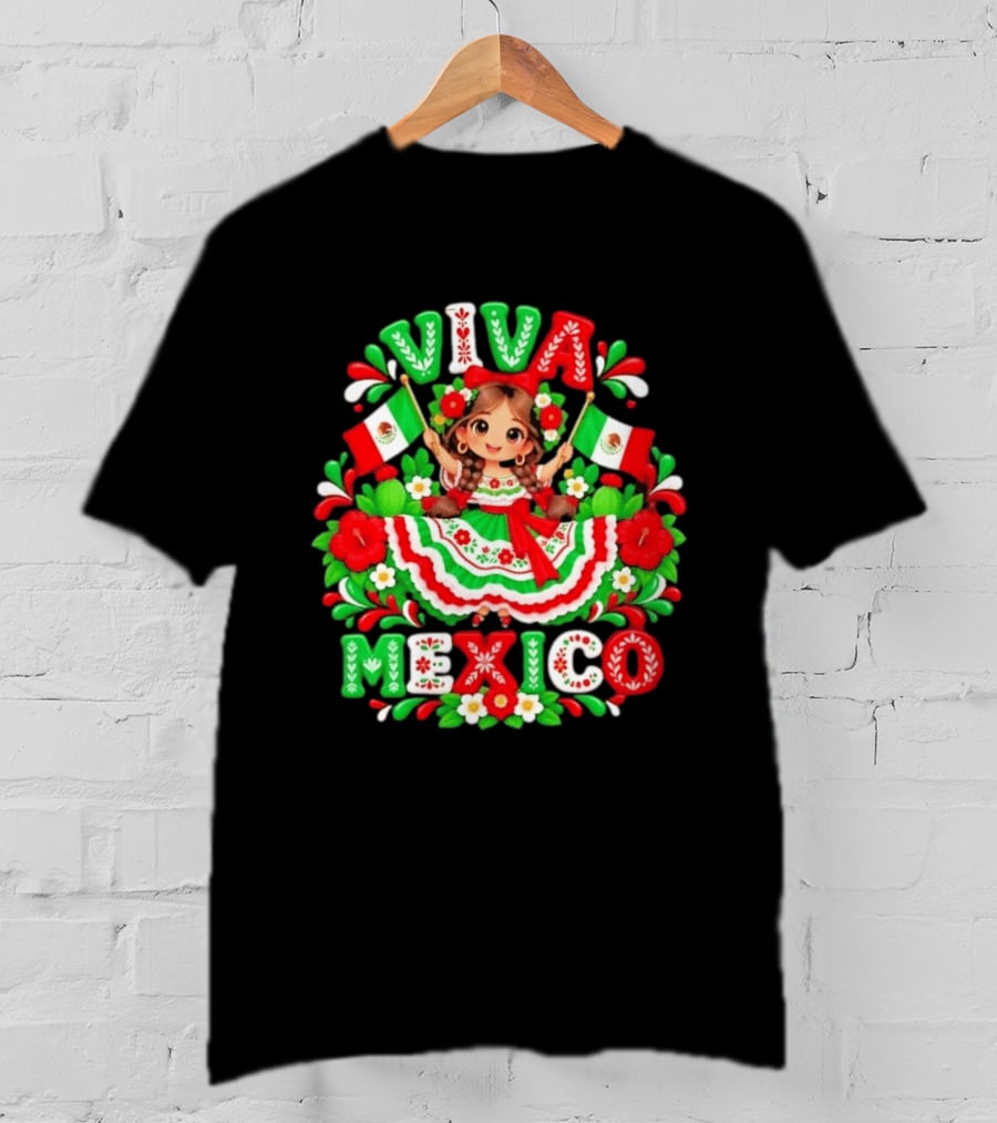 Viva Mexico Girl Festive Mexican Flags Floral Celebration T-Shirt