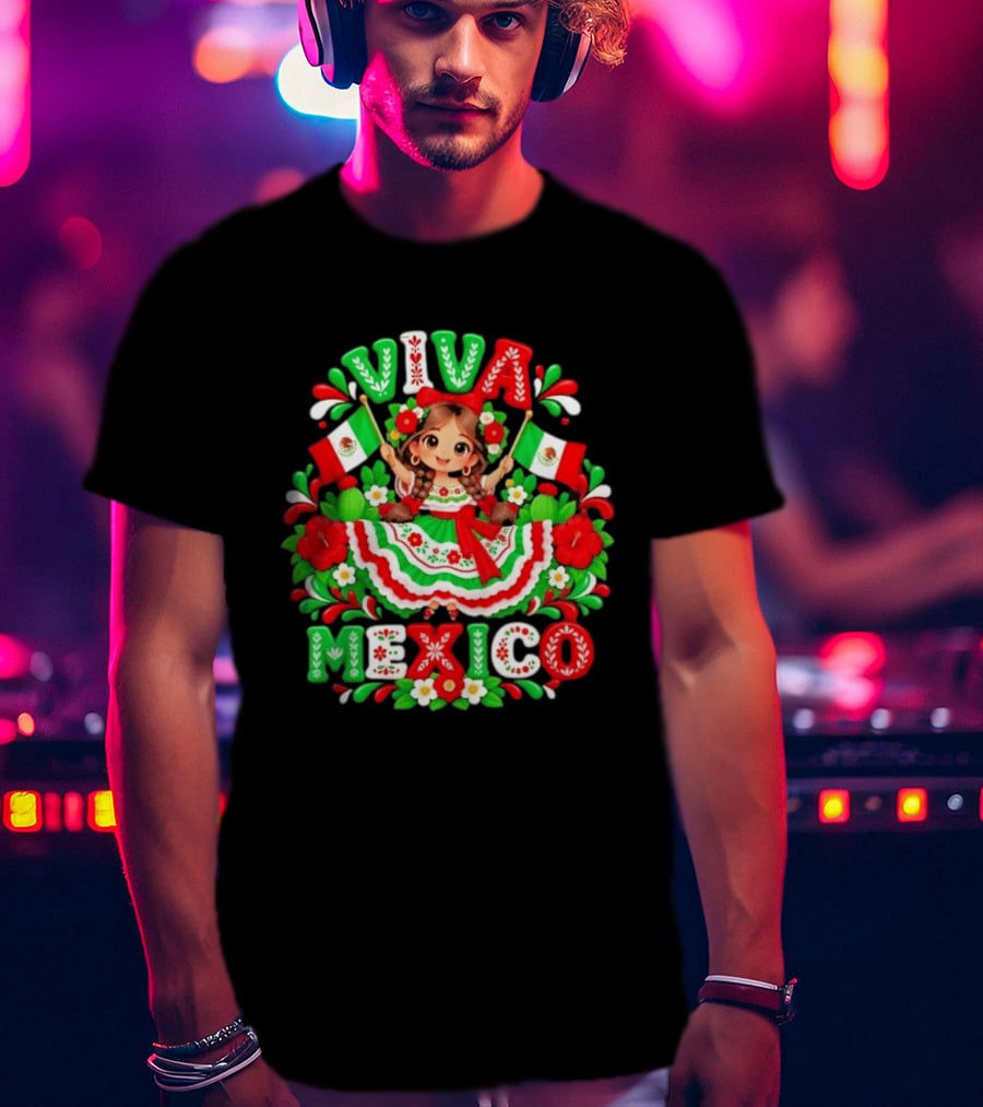 Viva Mexico Girl Festive Mexican Flags Floral Celebration T-Shirt