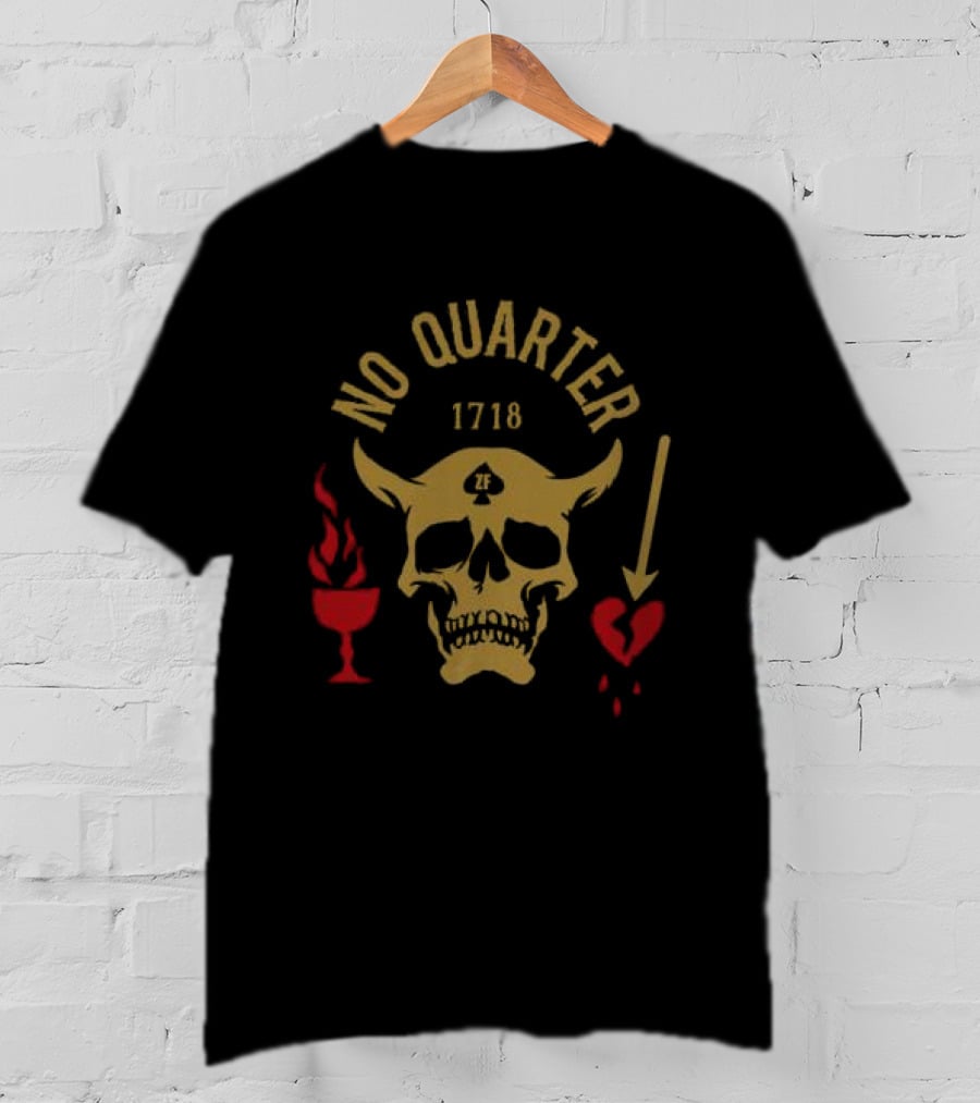 No Quarter 1718 Skull Red Heart Flame Arrow T-Shirt