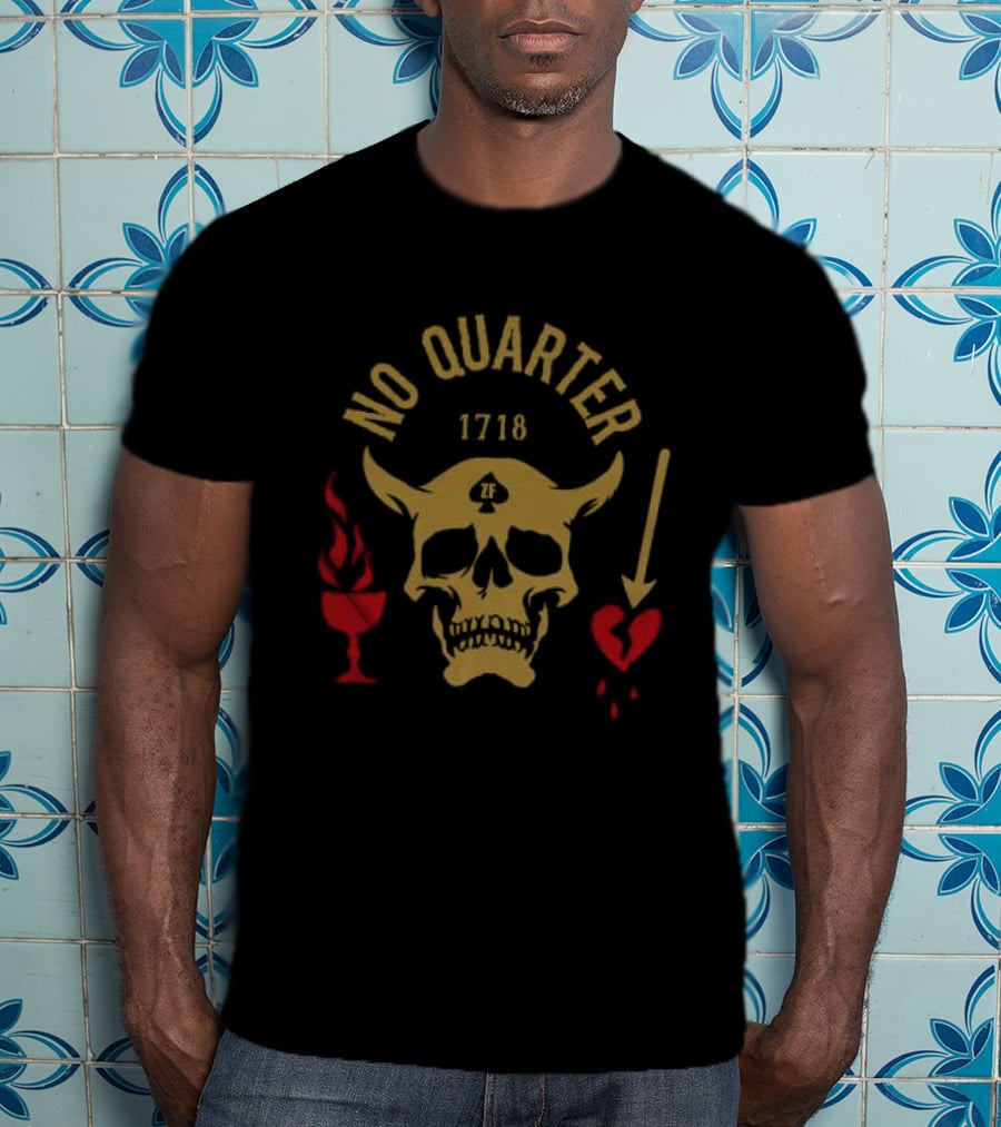 No Quarter 1718 Skull Red Heart Flame Arrow T-Shirt
