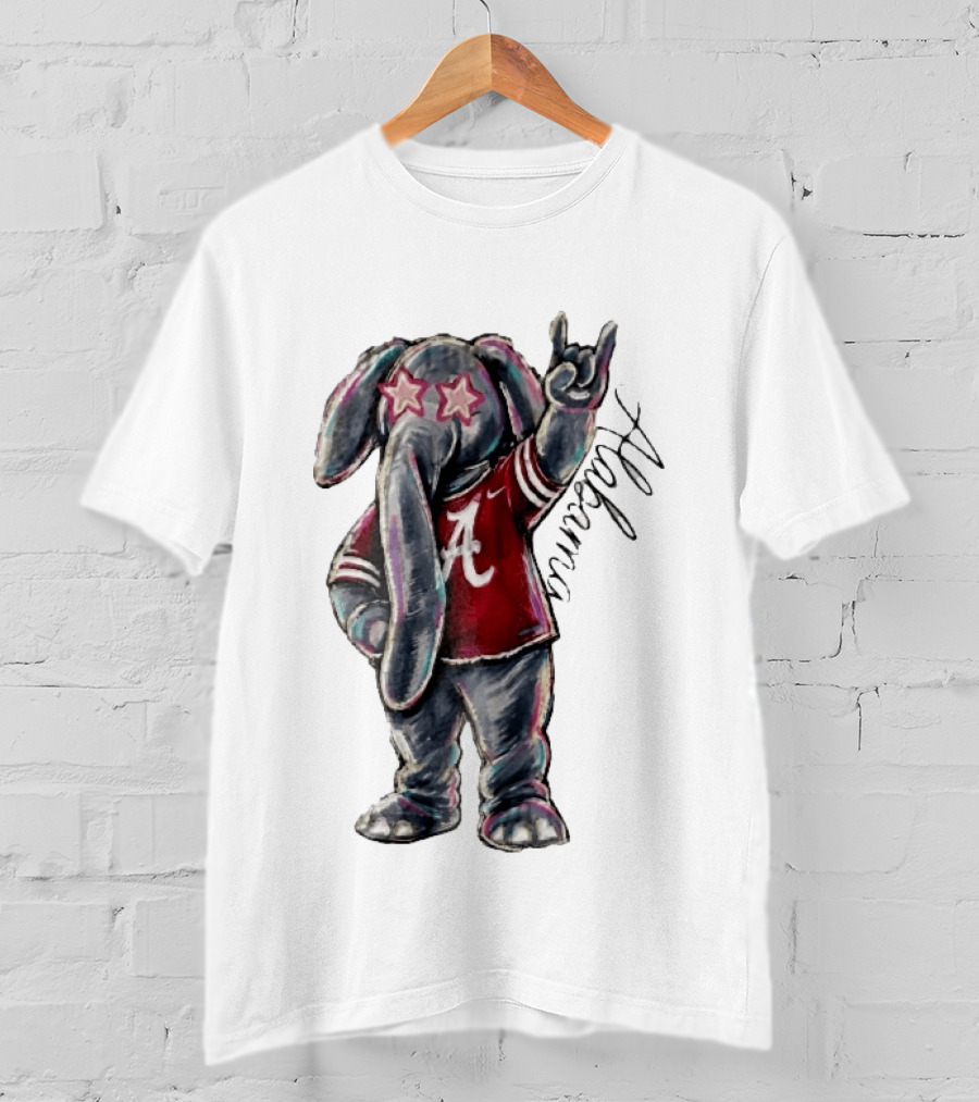 Alabama Crimson Tide Elephant Pink Star Glasses Hand Sign Sketch T-Shirt