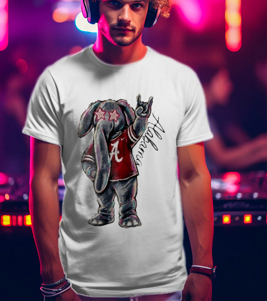Alabama Crimson Tide Elephant Pink Star Glasses Hand Sign Sketch T-Shirt