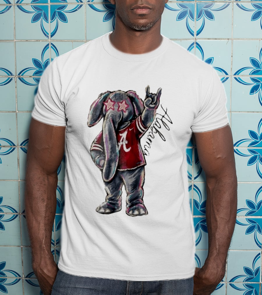 Alabama Crimson Tide Elephant Pink Star Glasses Hand Sign Sketch T-Shirt