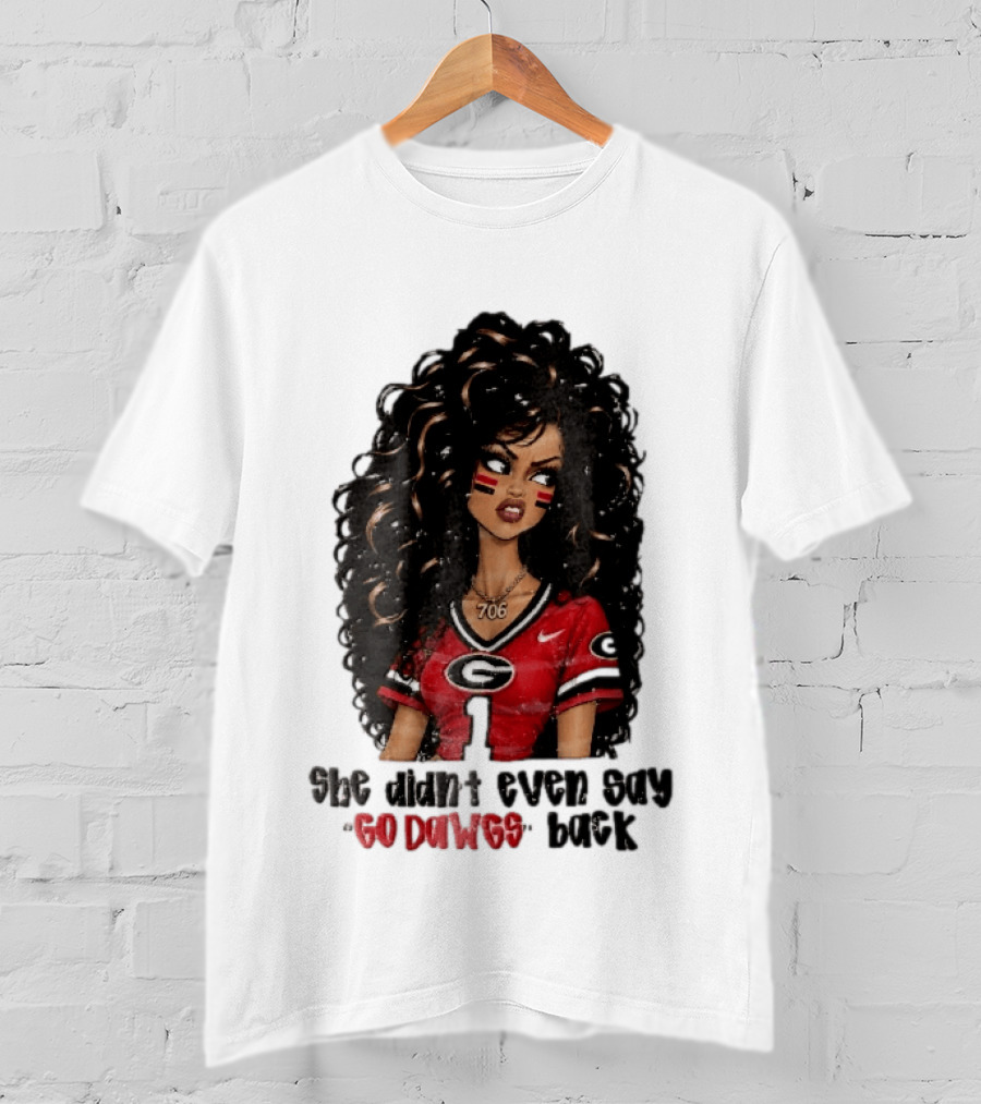 Georgia Bulldogs She Didn't Even Say Go Dawgs Cartoon Woman Curly Hair Red Jersey 706 T-Shirt