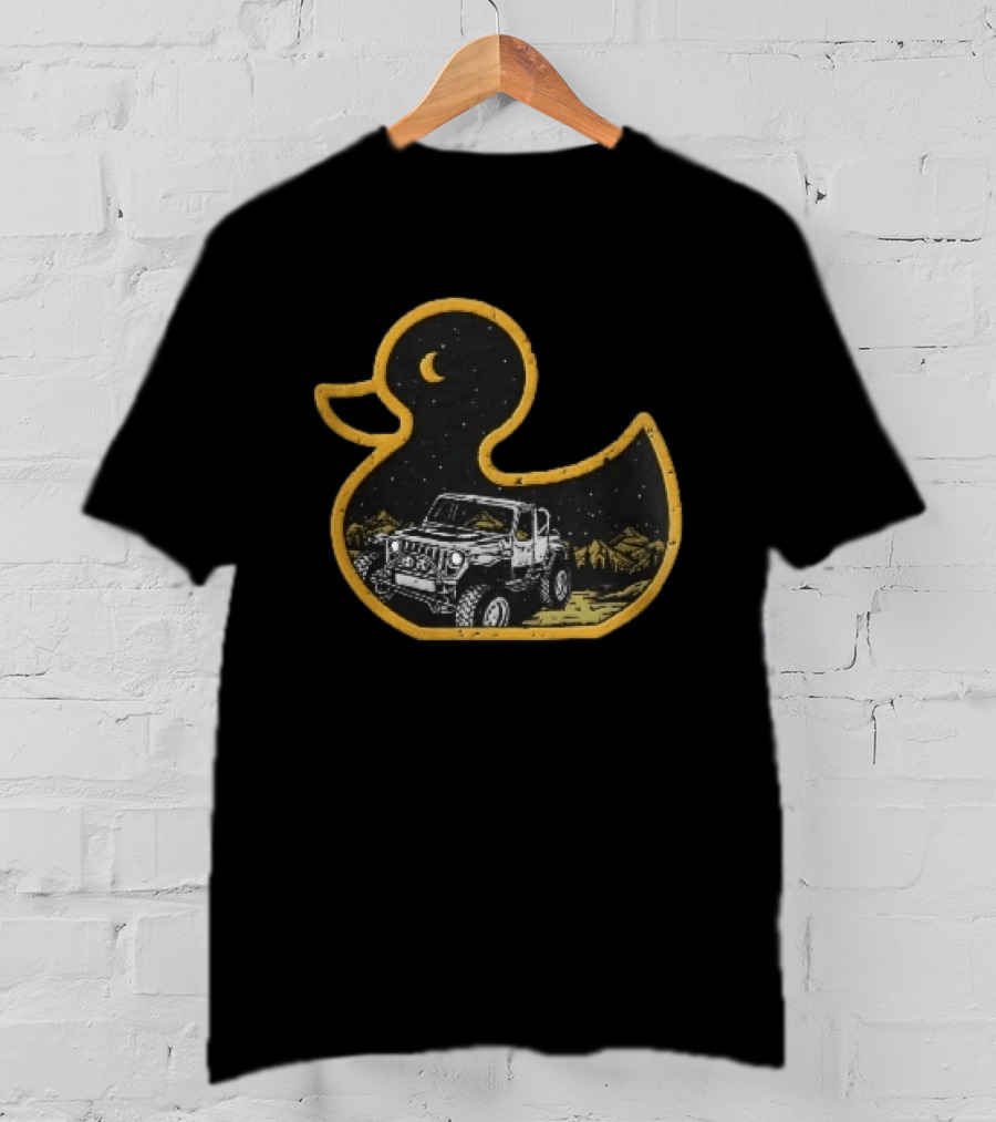 Distressed Yellow Duck Jeep Mountains Night Sky Crescent Moon T-Shirt