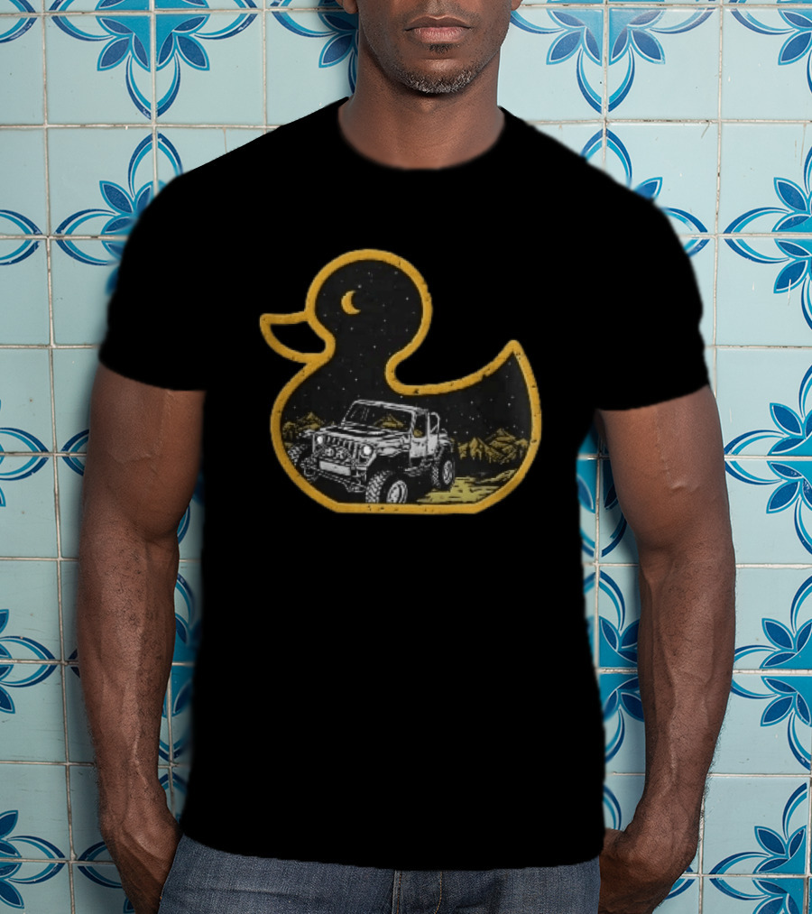 Distressed Yellow Duck Jeep Mountains Night Sky Crescent Moon T-Shirt