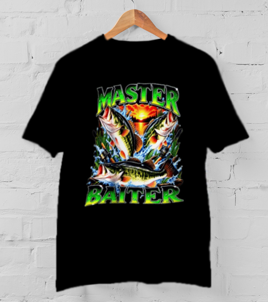 Master Baiter Fishing Large Mouth Bass Sunset Scene T-Shirt