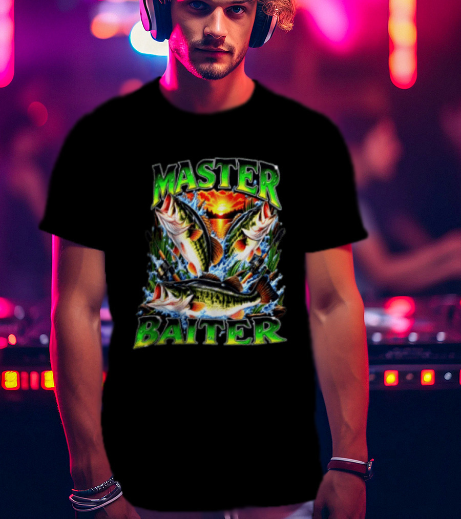 Master Baiter Fishing Large Mouth Bass Sunset Scene T-Shirt