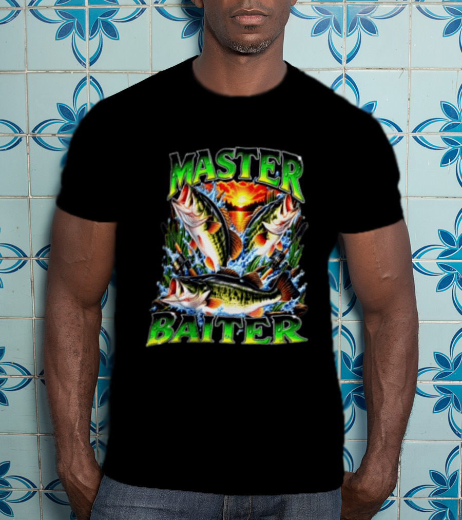 Master Baiter Fishing Large Mouth Bass Sunset Scene T-Shirt