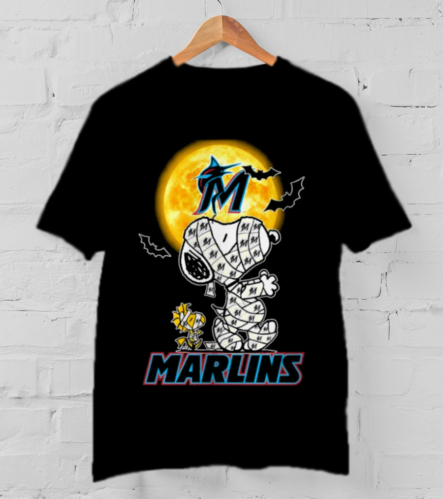 Miami Marlins Snoopy Woodstock Mummy Halloween Moon T-Shirt
