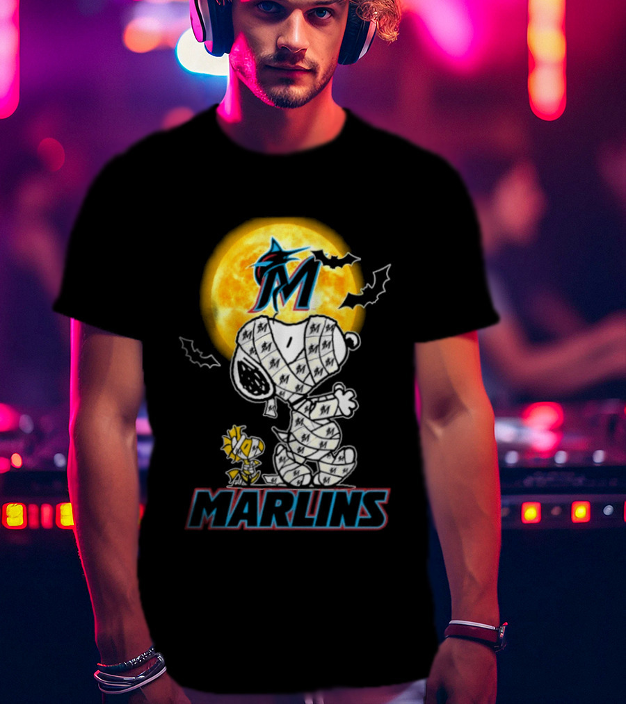 Miami Marlins Snoopy Woodstock Mummy Halloween Moon T-Shirt