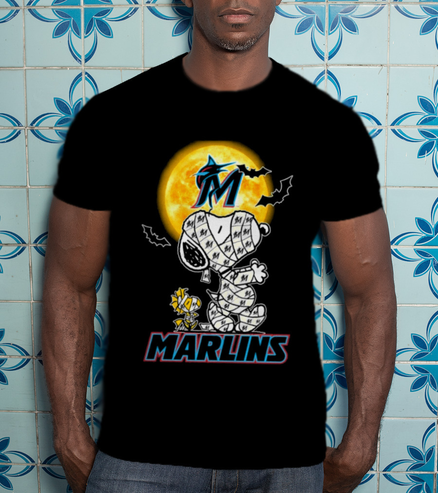 Miami Marlins Snoopy Woodstock Mummy Halloween Moon T-Shirt