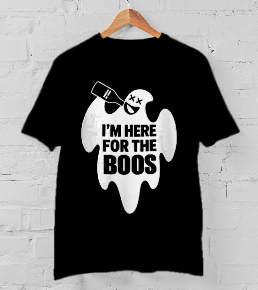 I'm Here For The Boos Cartoon Ghost Drinking Alcohol Bottle T-Shirt