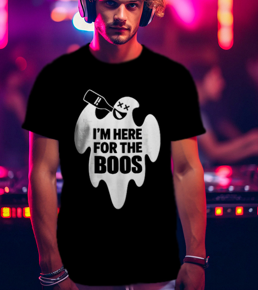 I'm Here For The Boos Cartoon Ghost Drinking Alcohol Bottle T-Shirt