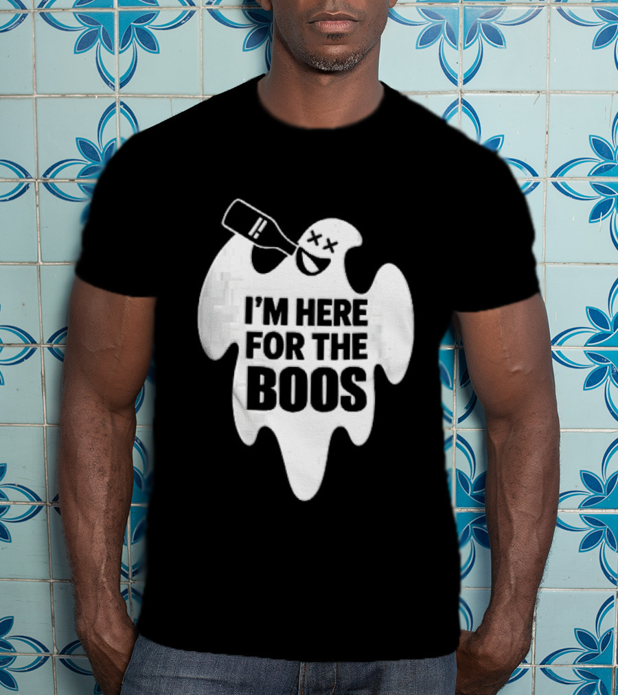 I'm Here For The Boos Cartoon Ghost Drinking Alcohol Bottle T-Shirt